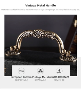 Macro shot of antique bronze clock-shaped handle with leaf carving on black leather bag