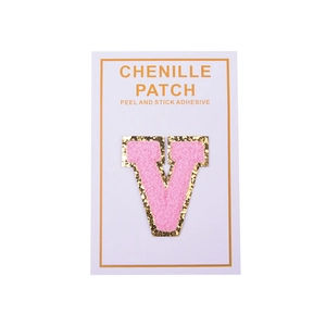 Pink chenille letter V patch with gold sequins and peel and stick adhesive backing