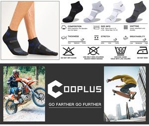 Detailed specs for breathable mesh athletic socks showing fabric mix and size guide