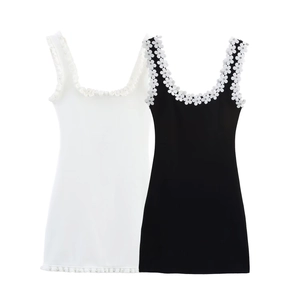 Abito da Donna in Maglia Senza Maniche Aderente Volant Künstliche Perle Elegante Party Bodycon Sexy Applique di Fiori 3D Abito Midi