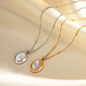 Elegant gold and silver titanium steel necklaces with oval mother of pearl shell pendants