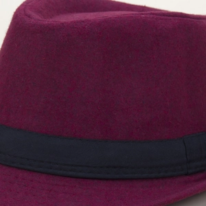 Classic burgundy wool fedora hat with black grosgrain ribbon for winter fashion style