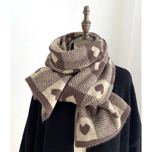 Thick knitted winter scarf with brown and beige heart checkered pattern for women
