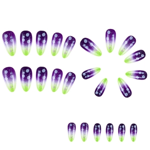 Detailed set of long stiletto press-on nails with purple to lime green gradient and glitter