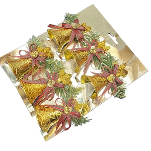 Set of 6 gold Christmas bells with red plaid bows and pine needles for tree decor