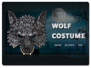 Detail shot of the werewolf costume set featuring textured grey fur mask, gloves, and tail