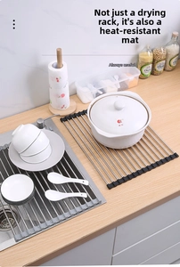Foldable stainless steel sink rack used as a heat-resistant mat and drying mat
