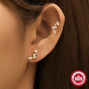 Elegant S925 sterling silver gold stud earrings with marquise and round cubic zirconia