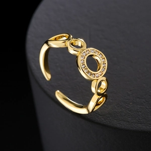 18K gold plated copper open ring with geometric multi-layer zircon stone circles