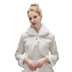 Elegant white faux fur bridal shawl with lapel and tie closure for winter wedding