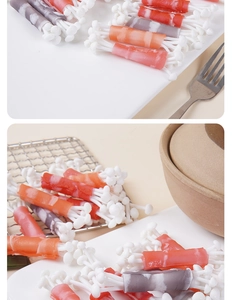 Detailed view of artificial beef and enoki mushroom rolls for hot pot food display