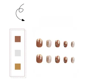 Short square caramel nails with floral patterns, silver glitter and rhinestone details