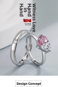 Detail of couple rings featuring pink pear-cut zircon and silver band with square stone