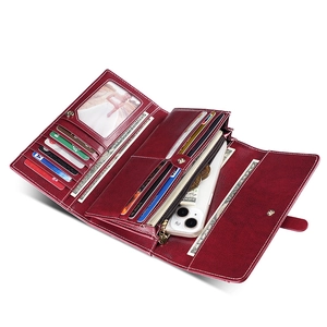 Red long vintage leather wallet for women with RFID blocking and multiple card slots
