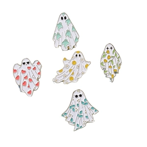 Set of five cartoon Halloween ghost enamel pins featuring cute pumpkin and skull motifs