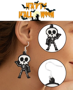 Detail showing glittery skeleton drop earrings for Halloween costume accessory