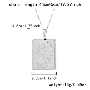 Silver book locket necklace with Virgin Mary relief, 44cm chain length and 13g weight