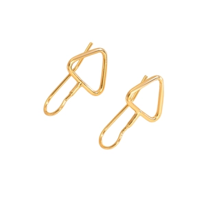 Detailed view of polished gold geometric earrings with triangular and oval motifs