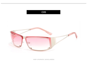 Detail of Y2K vintage sunglasses with silver metal frame and pink gradient lenses