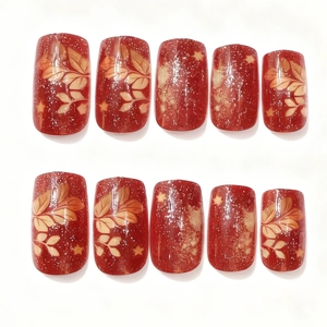 Autumn style press-on nails with maple leaf patterns and silver glitter in square shape