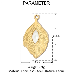 Detailed dimension view of gold leaf pendant with white stone measuring 26mm by 14mm