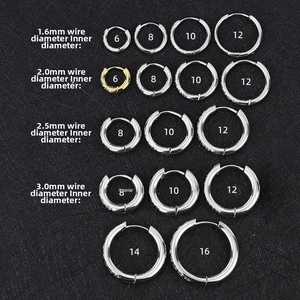 Size chart for stainless steel huggie earrings with multiple diameters and wire gauges