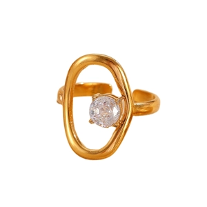 Irregular golden stainless steel open ring with a sparkling round zircon stone