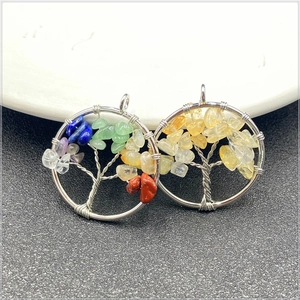 Handcrafted silver wire-wrapped tree of life pendant featuring colorful natural stones