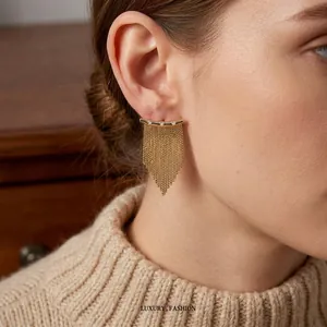 Élégantes boucles d'oreilles à pompons plaquées or 14K avec zircons sur un mannequin