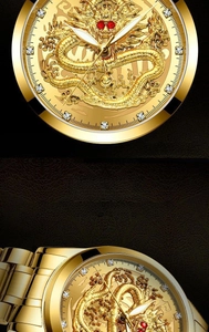 Macro detail of 316L steel crown and 24K gold dragon relief with ruby eyes