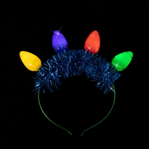 Detail of Christmas light bulb headband with colorful bulbs and green base for parties