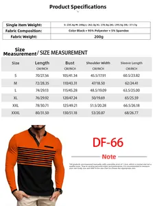 Detailed size chart for men's long sleeve Henley shirt with fabric and weight info