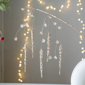 Elegant clear acrylic Christmas icicle ornament with gold glitter and crystal beads