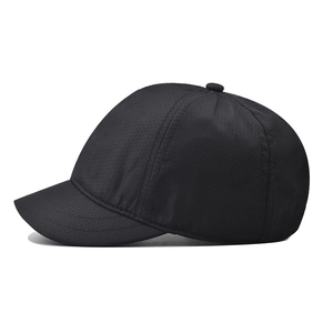 Side view of black quick-dry breathable mesh cap with short brim for outdoor hiking