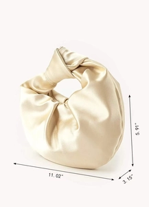 Champagne satin cloud bag with dimensions 11.02 x 5.91 x 3.15 inches on white background