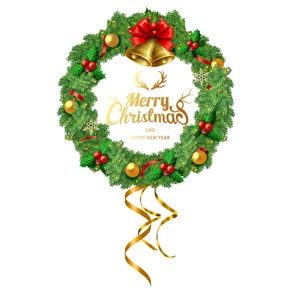 Christmas wreath window sticker with green pine needles and golden Merry Christmas text