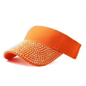 Detail shot of orange sun visor featuring high-quality rhinestones on durable twill cotton