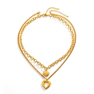 Double-layered 18k gold plated stainless steel heart pendant necklace with wings