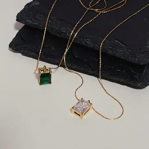 Elegant 18k gold plated titanium necklace with emerald and clear square zircon pendants