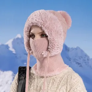Pink winter knit hooded scarf with fleece lining and faux fur pompom for women