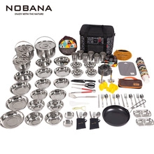 Close-up of 304 stainless steel camping cookware set with nesting pots and storage bags