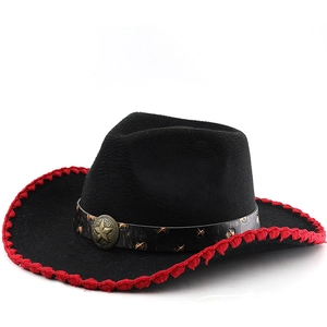 Western Cowboy Hat Felt Ethnic Retro Wide Brim With Star Metal Buckle Leather Band For Men Women Outdoor Vacation