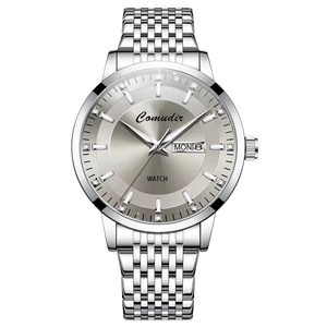 Montre d'affaires pour hommes en acier inoxydable argenté avec affichage jour et date