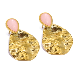 Hammered gold stainless steel drop earrings featuring natural pink aventurine stones