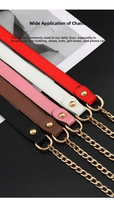 Detail view of five PU leather and gold metal chain shoulder straps in various colors