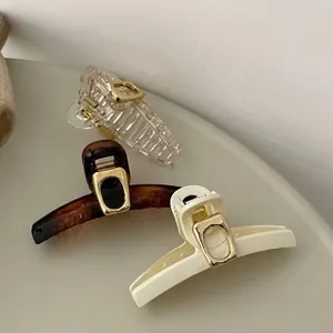 Dettaglio di pinze per capelli in trasparente, tartaruga e crema con fibbia dorata