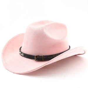 Detail showing pink faux suede cowboy hat with vintage black leather belt and metal buckle
