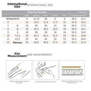 Comprehensive ring size conversion chart showing US, UK, JP, and EU measurements for jewelry