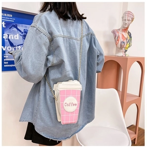 Creative coffee cup crossbody bag with pink plaid pattern and gold chain strap detail