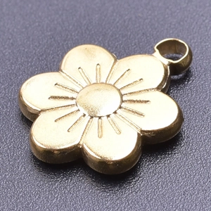 Macro shot of gold floral pendant featuring 18k plating and detailed radial engraving